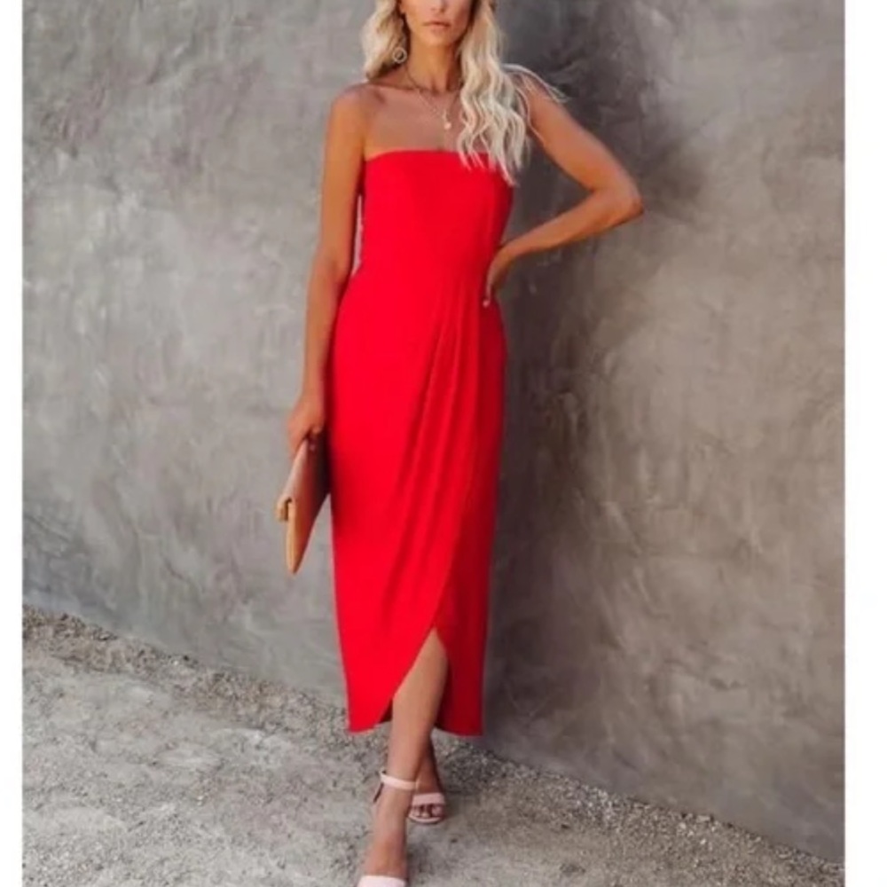 VICI Red Strapless “Aglow” drape dress